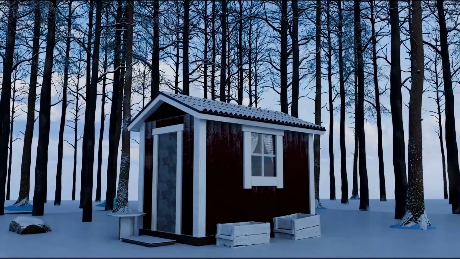 Una cabaña roja en un bosque sueco cubierto de nieve